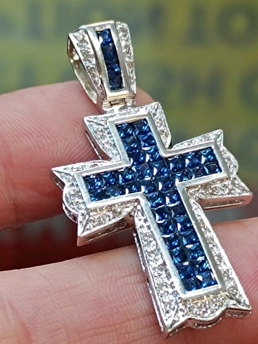 18k White Gold Sapphire & Diamond Cross Pendant - Image 1