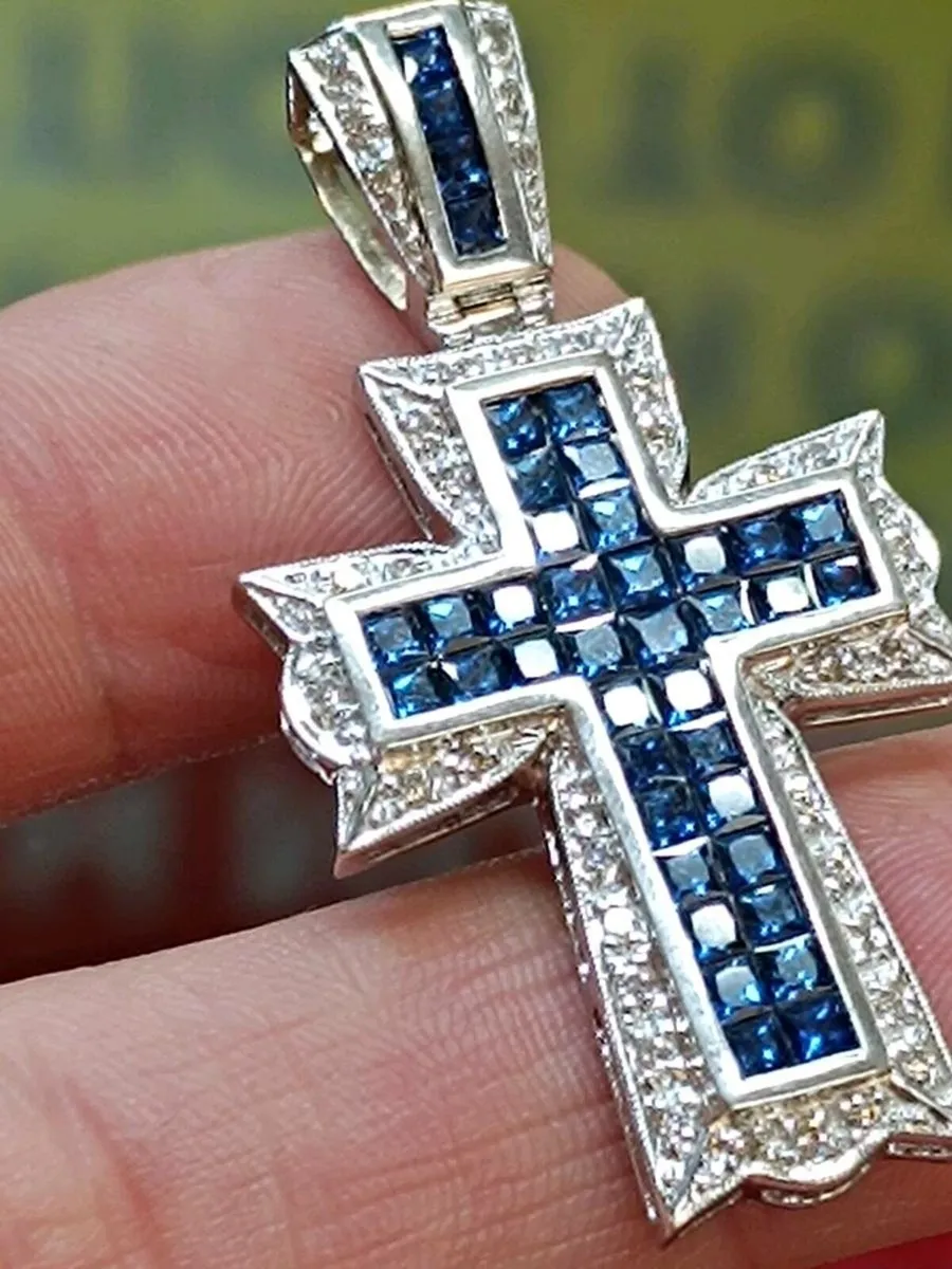 18k White Gold Sapphire & Diamond Cross Pendant - Image 4