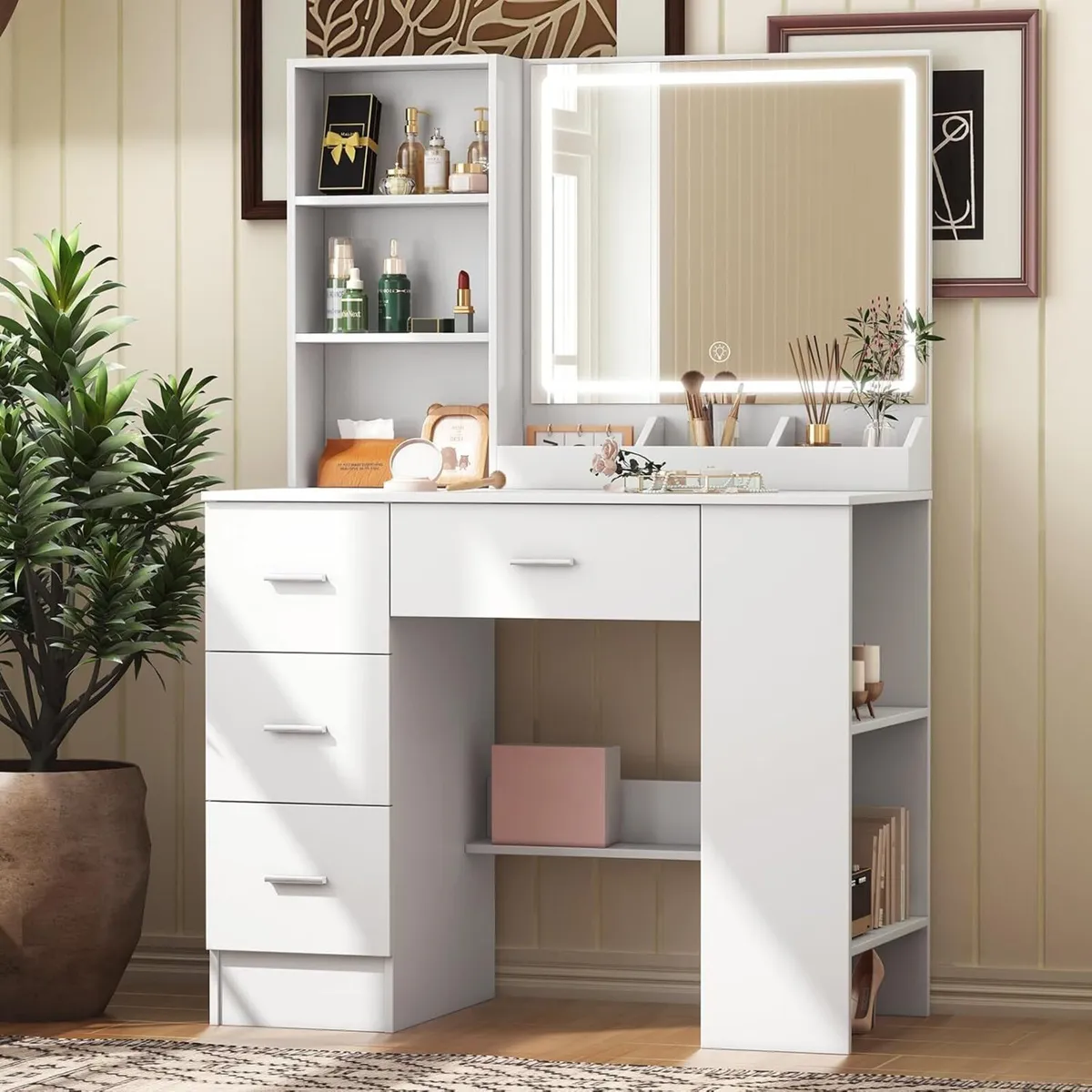 White Dressing Table with LED Mirror Side - Image 1