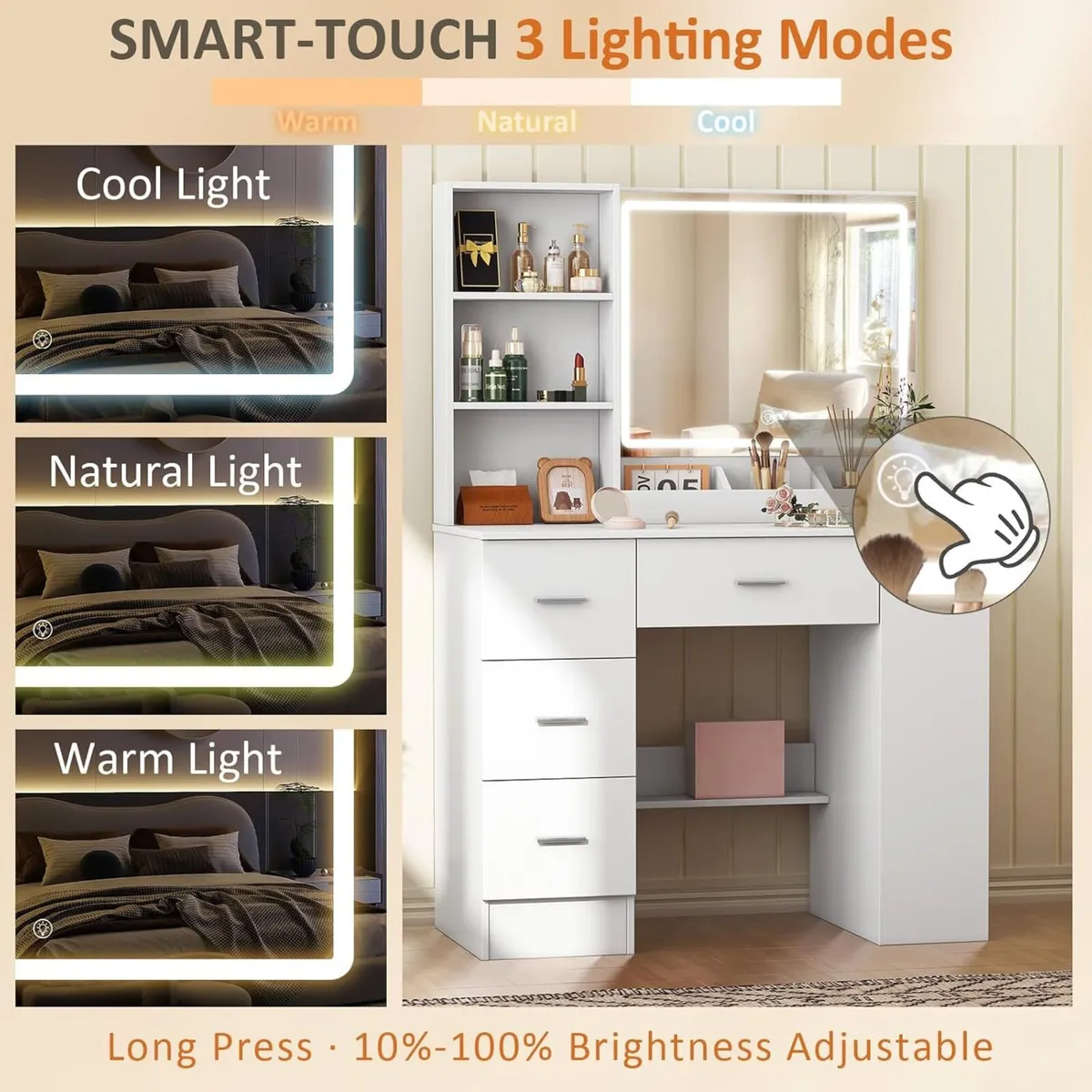 White Dressing Table with LED Mirror Side - Image 4