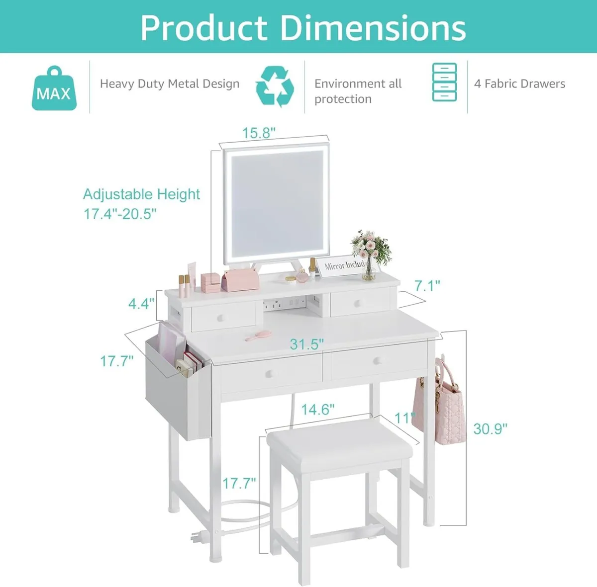 White Makeup Vanity Desk with Mirror and Lights - Image 3