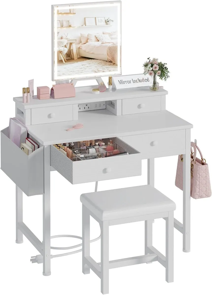White Makeup Vanity Desk with Mirror and Lights - Image 1