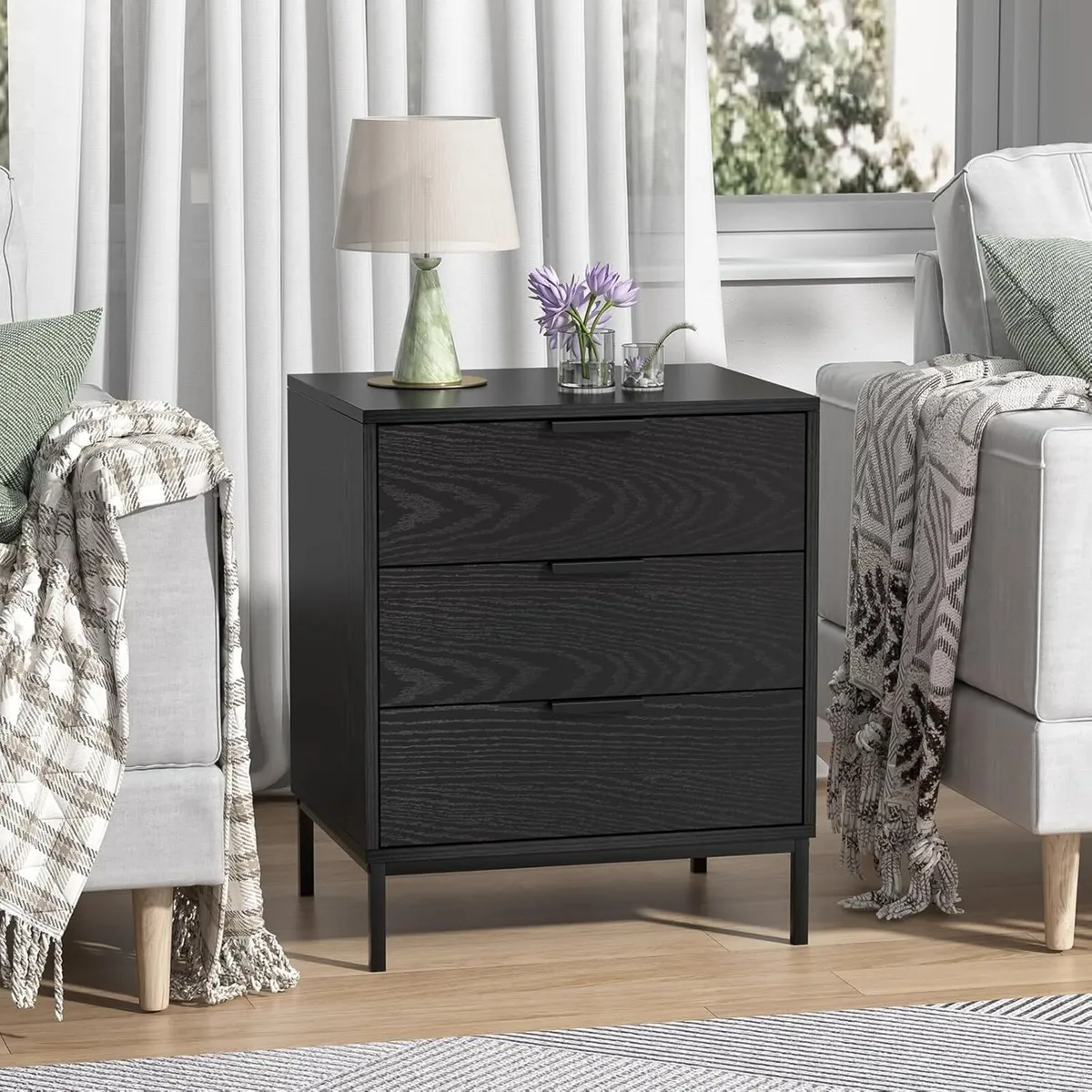 Black Wooden Bedside Table with 3 Drawers Chest - Image 1