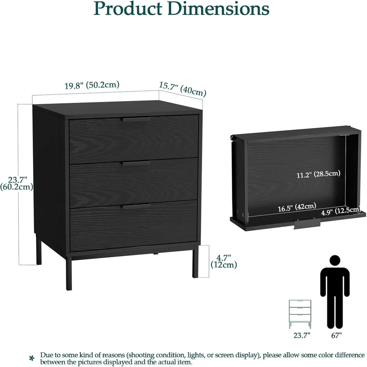 Black Wooden Bedside Table with 3 Drawers Chest - Image 2