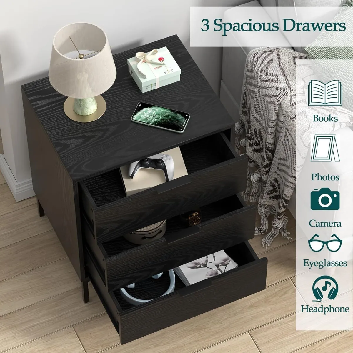 Black Wooden Bedside Table with 3 Drawers Chest - Image 3