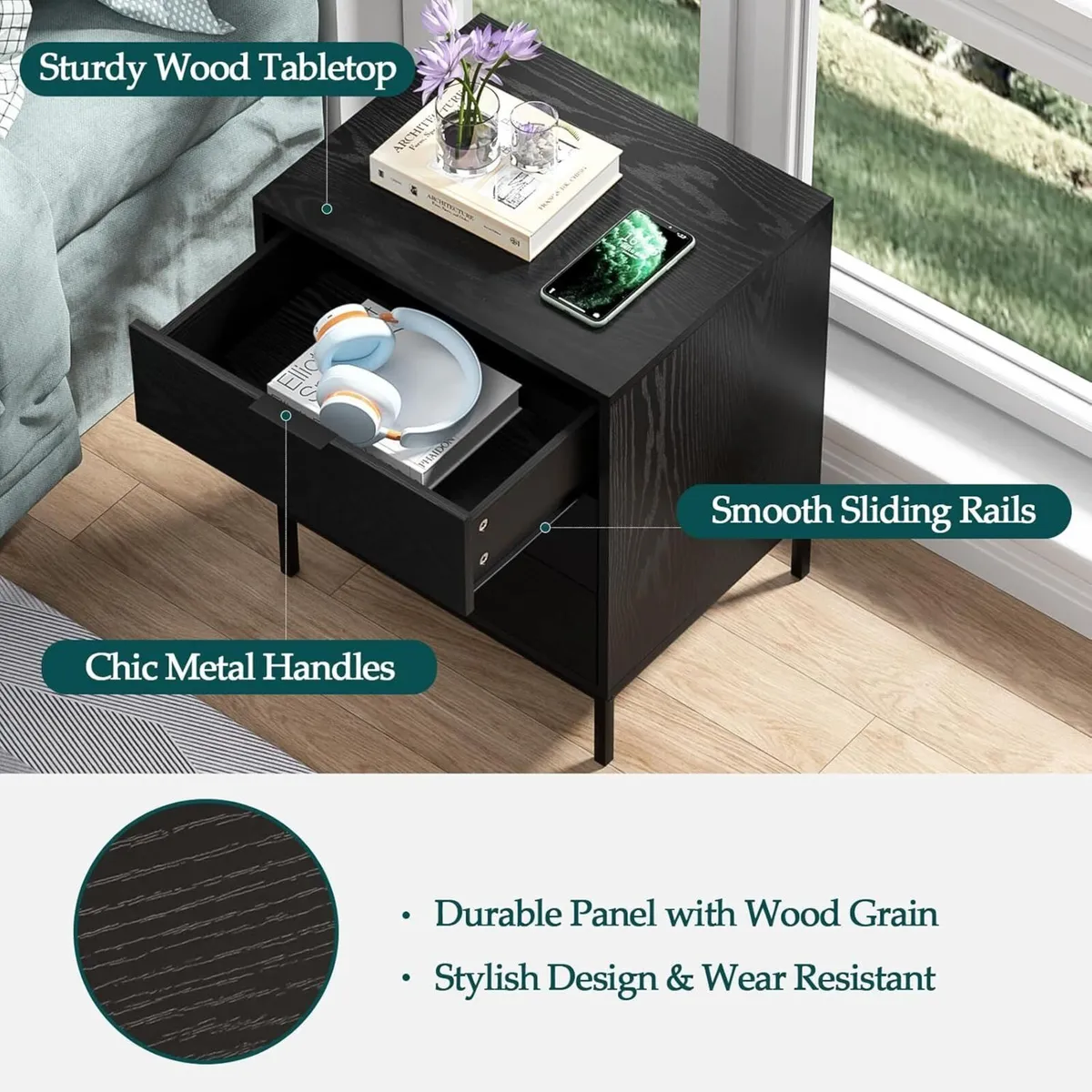 Black Wooden Bedside Table with 3 Drawers Chest - Image 4