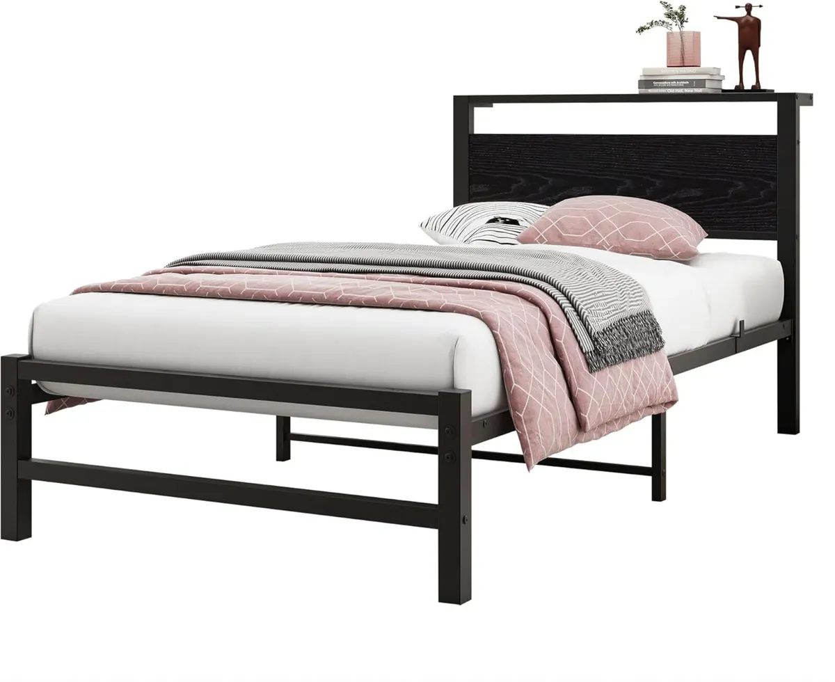 Metal Bed Frame with Wooden Storage Headboard - Image 1