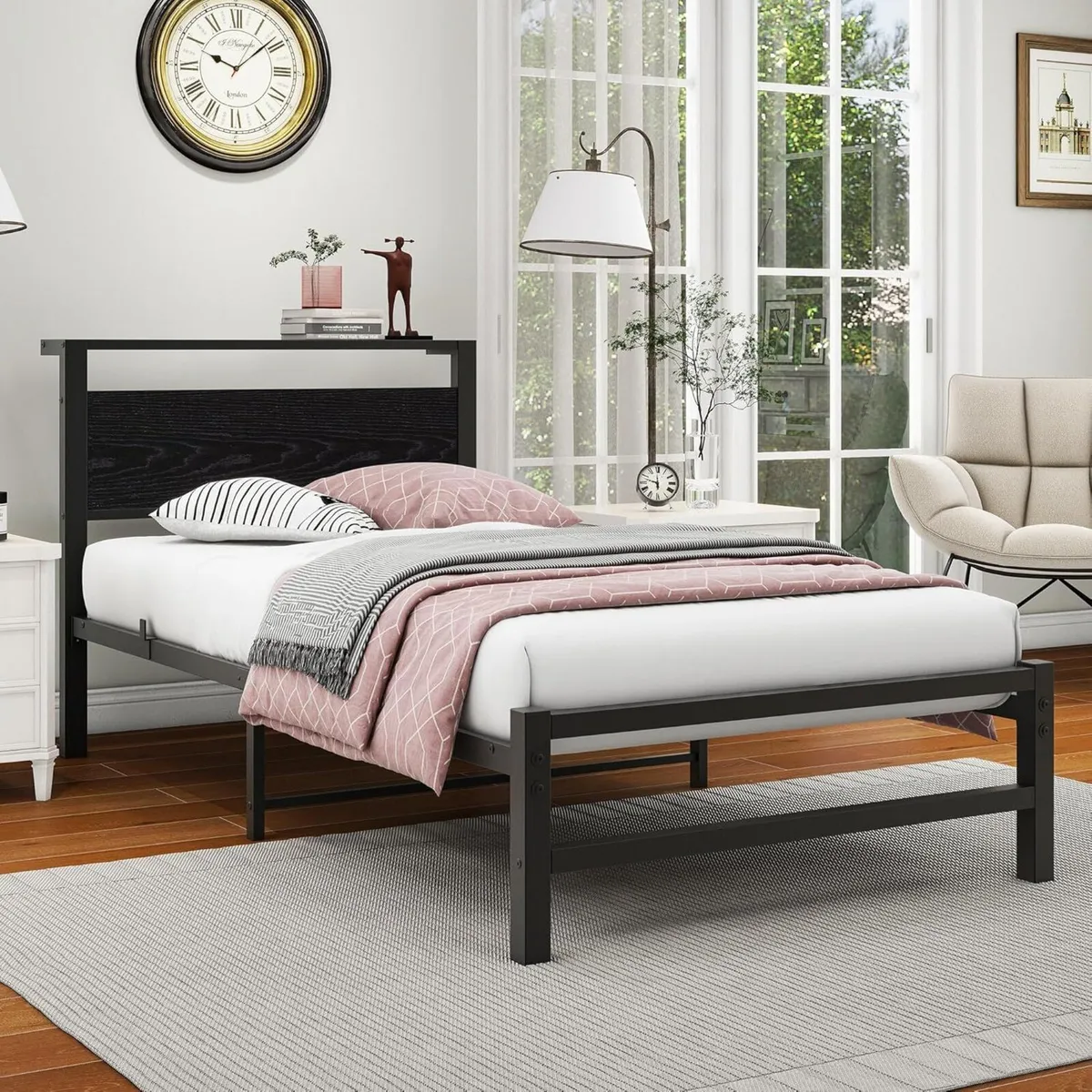 Metal Bed Frame with Wooden Storage Headboard - Image 2