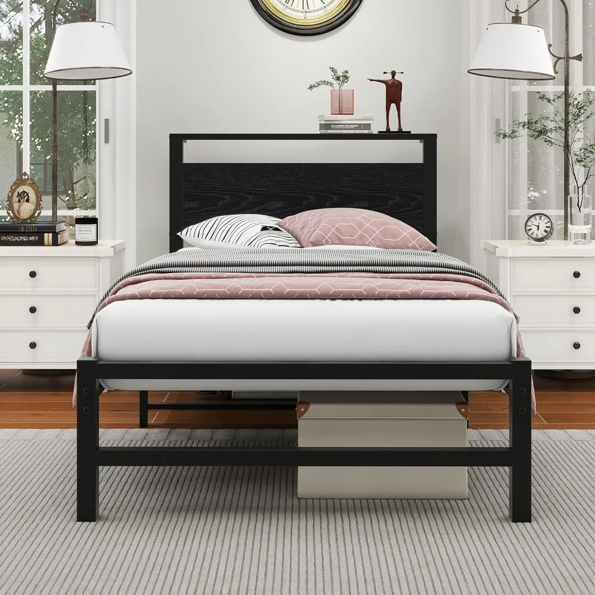 Metal Bed Frame with Wooden Storage Headboard - Image 4