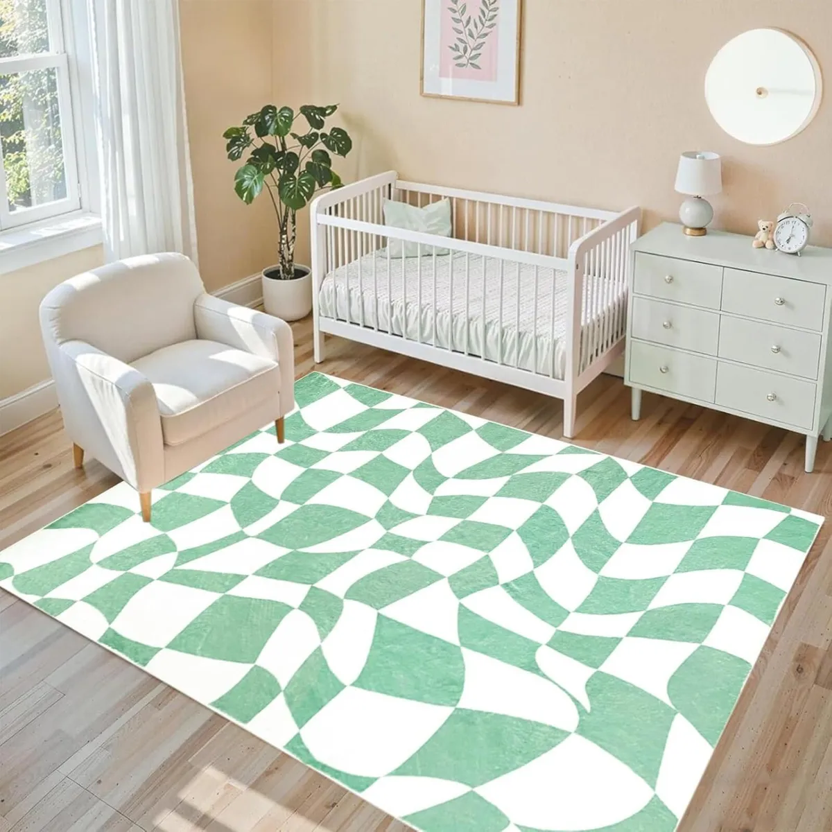 Green Checkered Rug Indoor Area Fluffy for Girls - Image 1