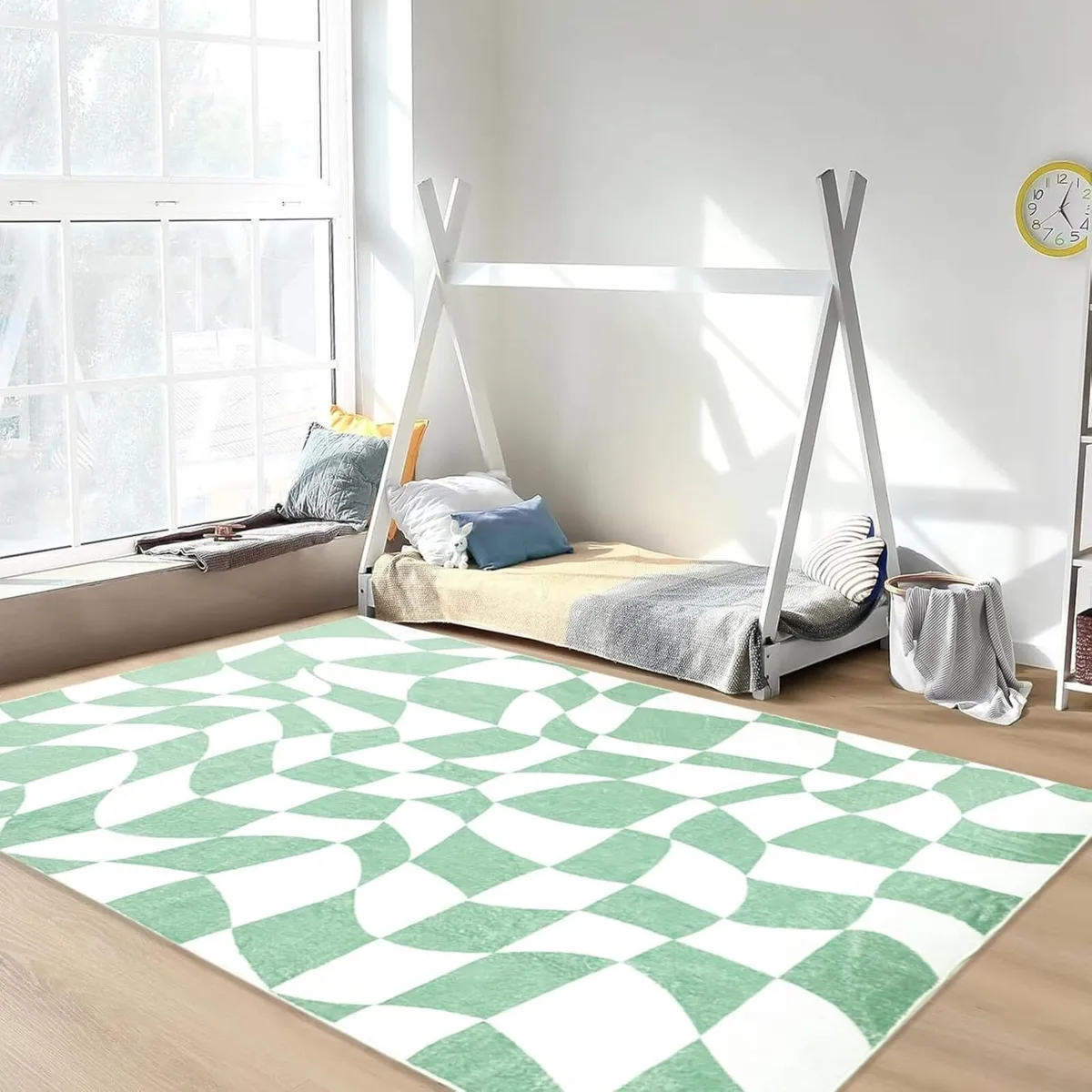 Green Checkered Rug Indoor Area Fluffy for Girls - Image 2