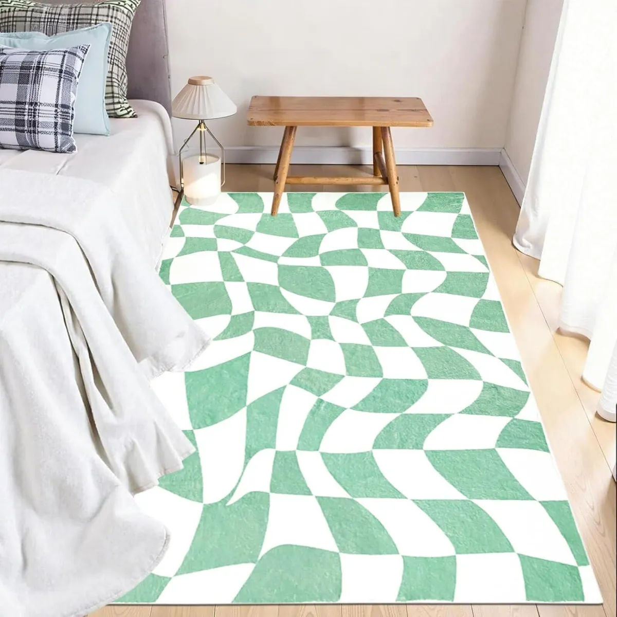 Green Checkered Rug Indoor Area Fluffy for Girls - Image 3