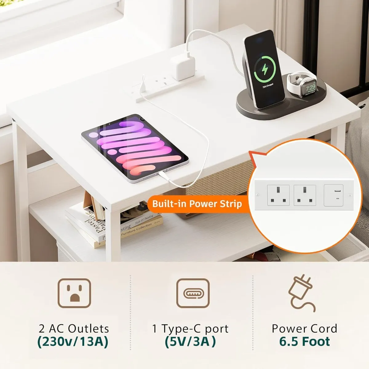 Bedside Table with Charging Station Small for - Image 3