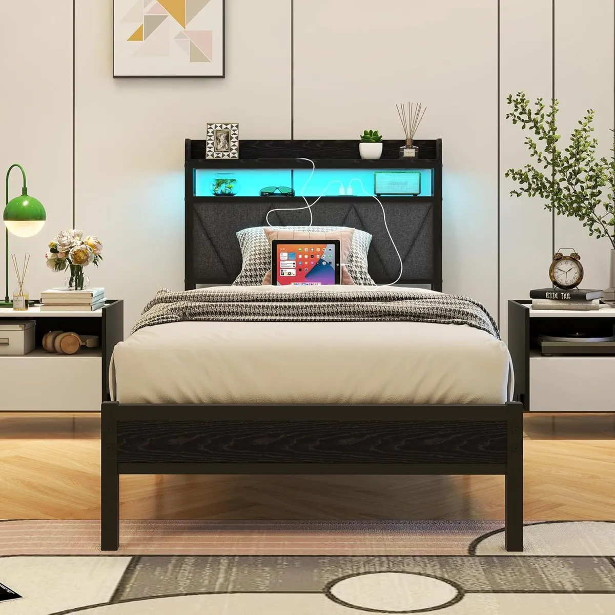 3ft Single Bed Frame with LED Lights Storage - Image 1