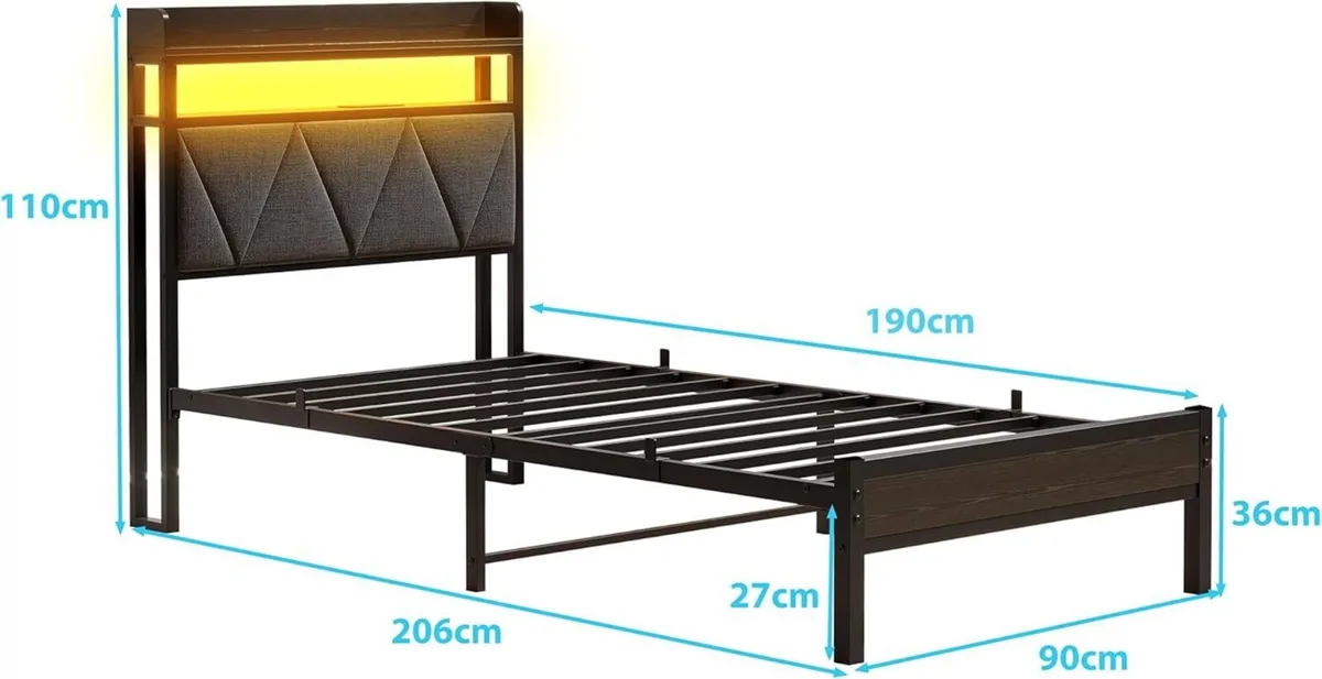 3ft Single Bed Frame with LED Lights Storage - Image 2