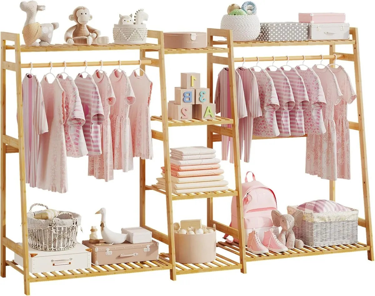 Kids Clothing Rack with Shelves Bamboo Clothes - Image 1