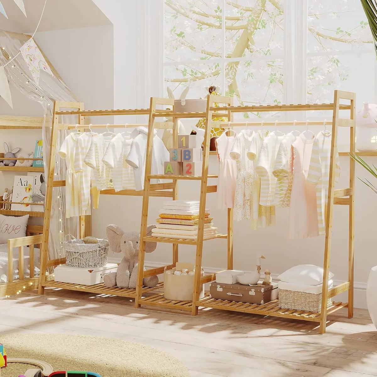 Kids Clothing Rack with Shelves Bamboo Clothes - Image 2