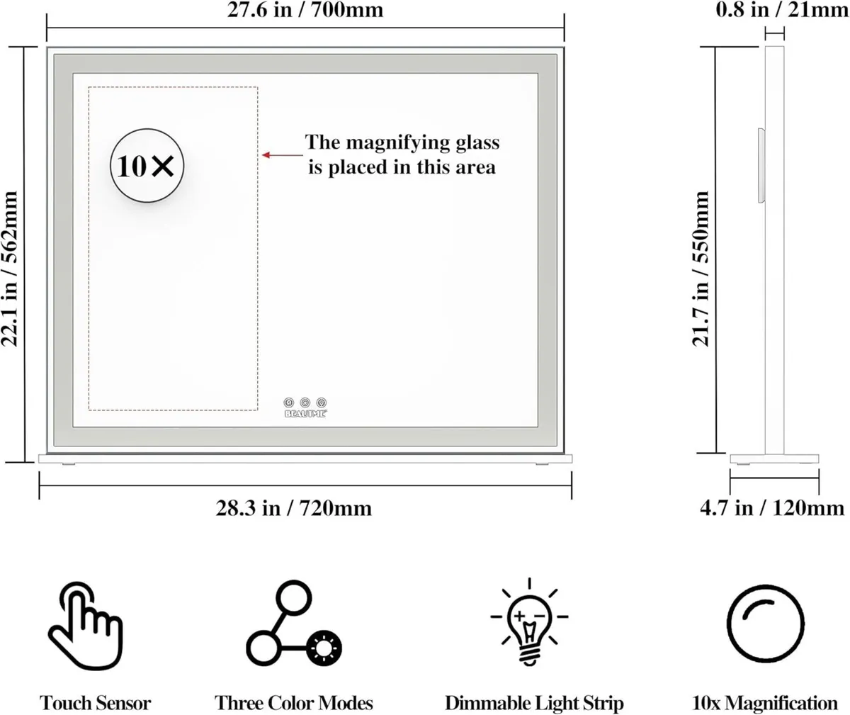 Vanity Mirror with Light Strip 72x56cm Large for - Image 2