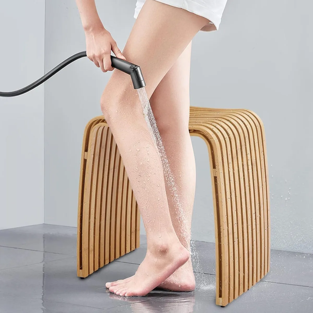 Bamboo Stool Unique Curved Bathroom No Assembly - Image 2