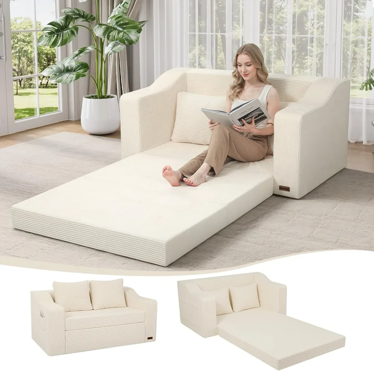Convertible Sofa Bed Corduroy Foldable Floor - Image 1