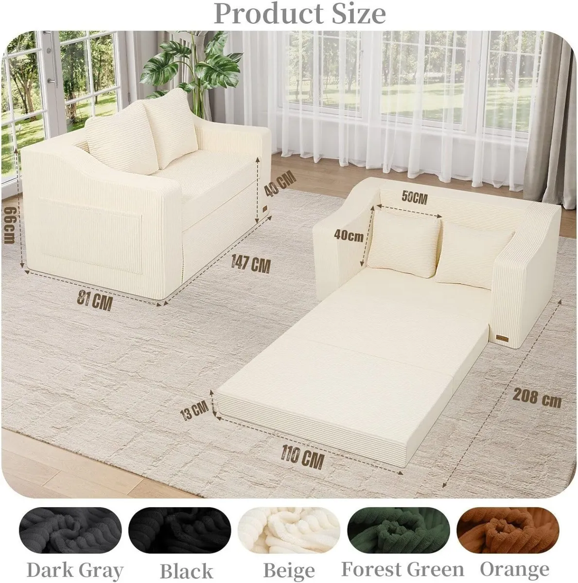 Convertible Sofa Bed Corduroy Foldable Floor - Image 2