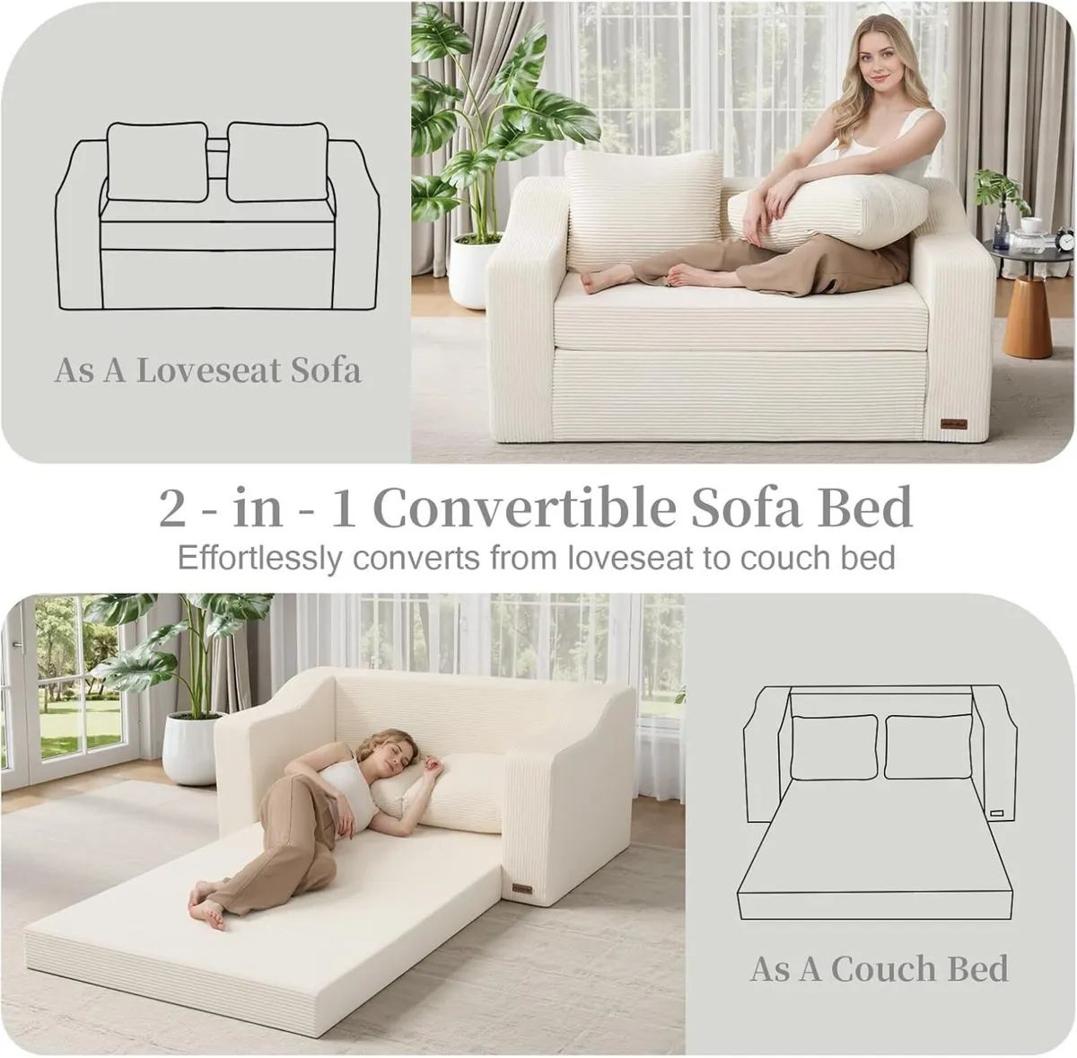Convertible Sofa Bed Corduroy Foldable Floor - Image 4