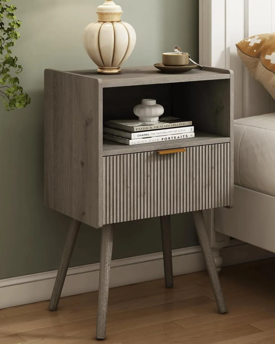 Modern Bedside Table with Storage Drawer and Open - Image 1