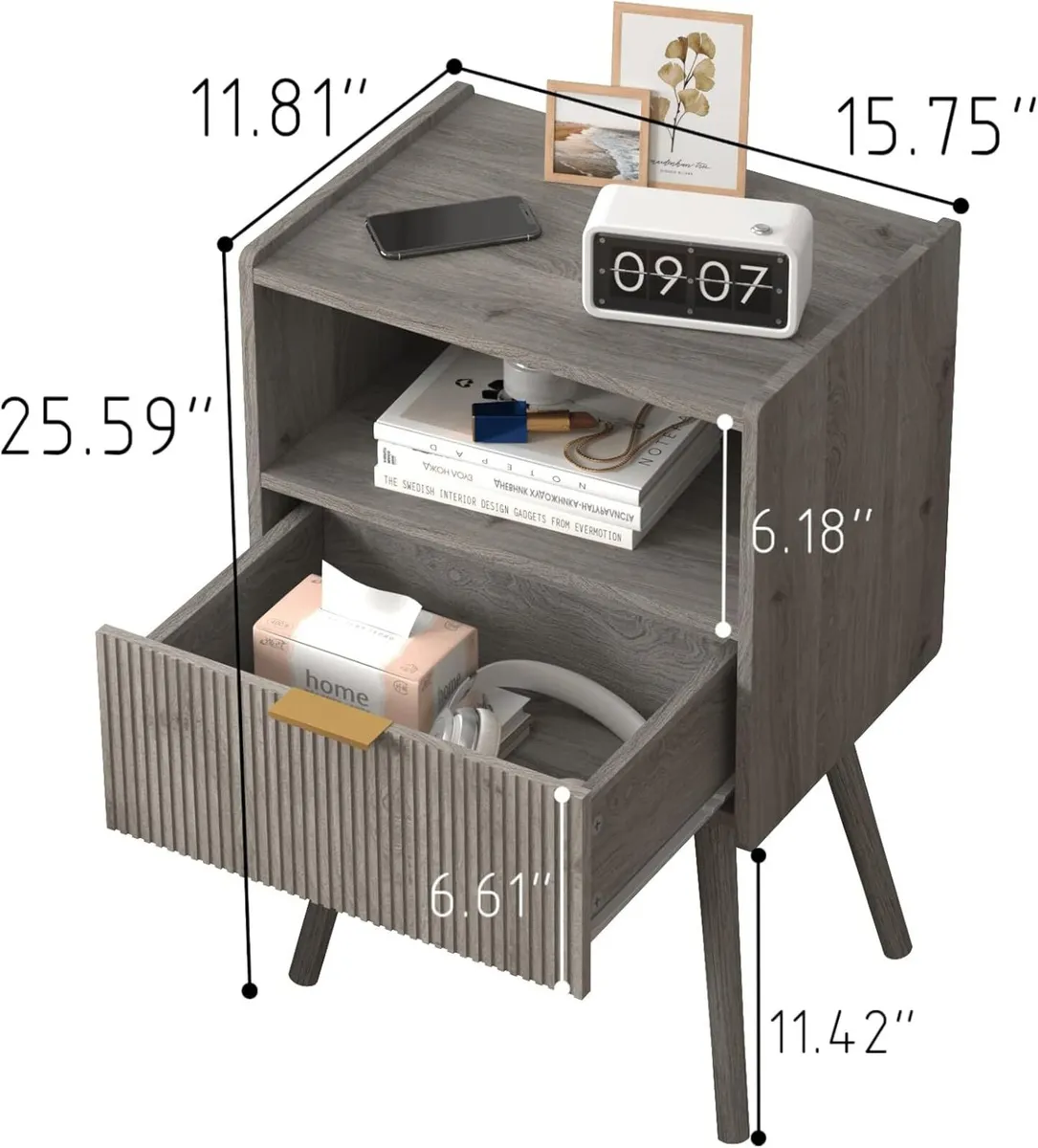 Modern Bedside Table with Storage Drawer and Open - Image 2