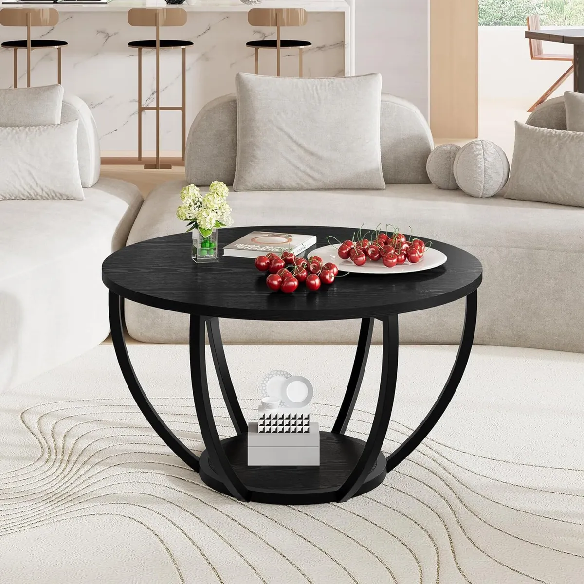 Round Coffee Tables (Black) Table with Storage - Image 3