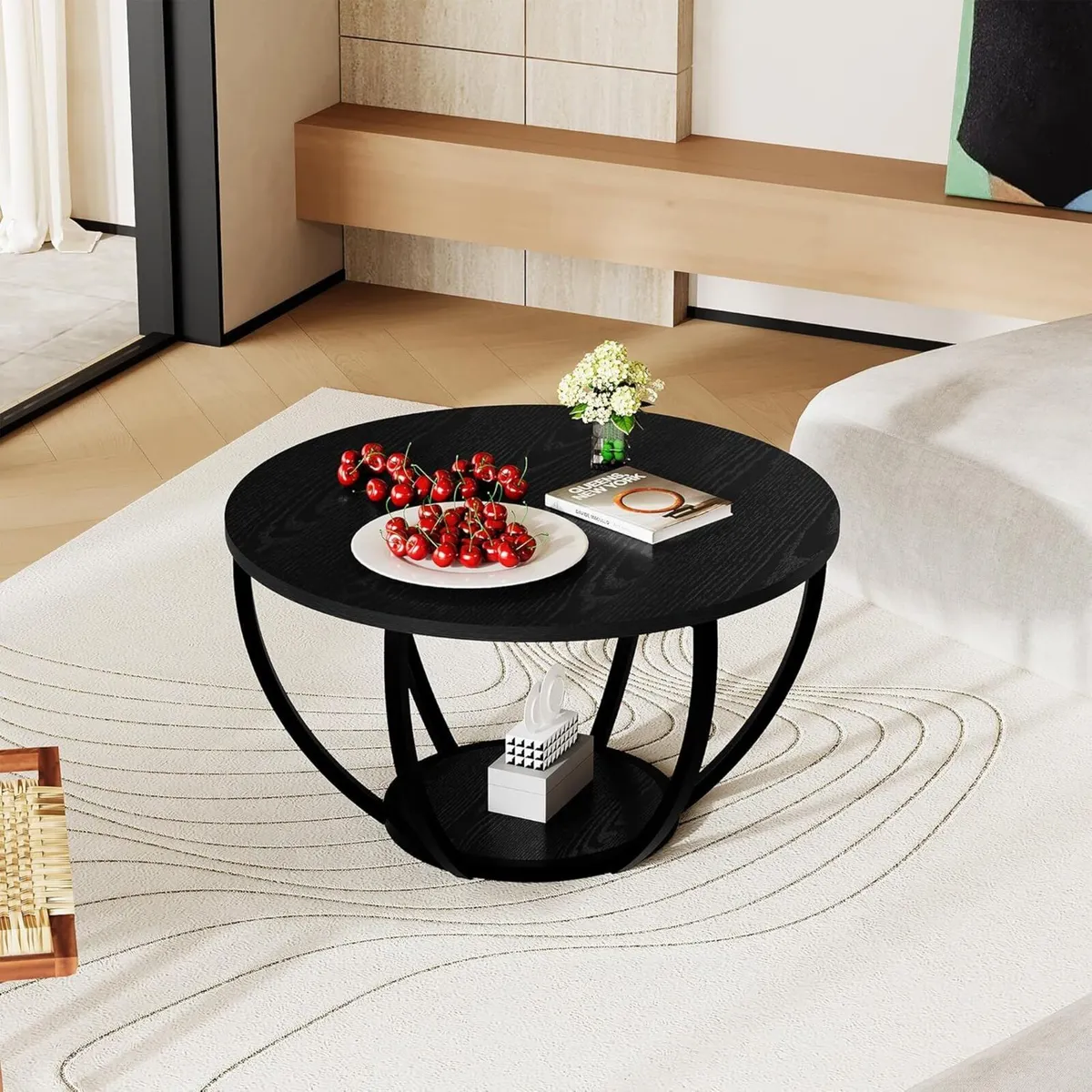Round Coffee Tables (Black) Table with Storage - Image 4