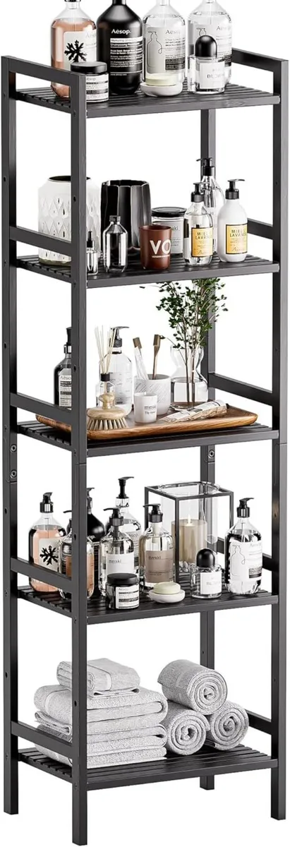 Bamboo Bookshelf 5-Tier Skinny Bookcase with - Image 1