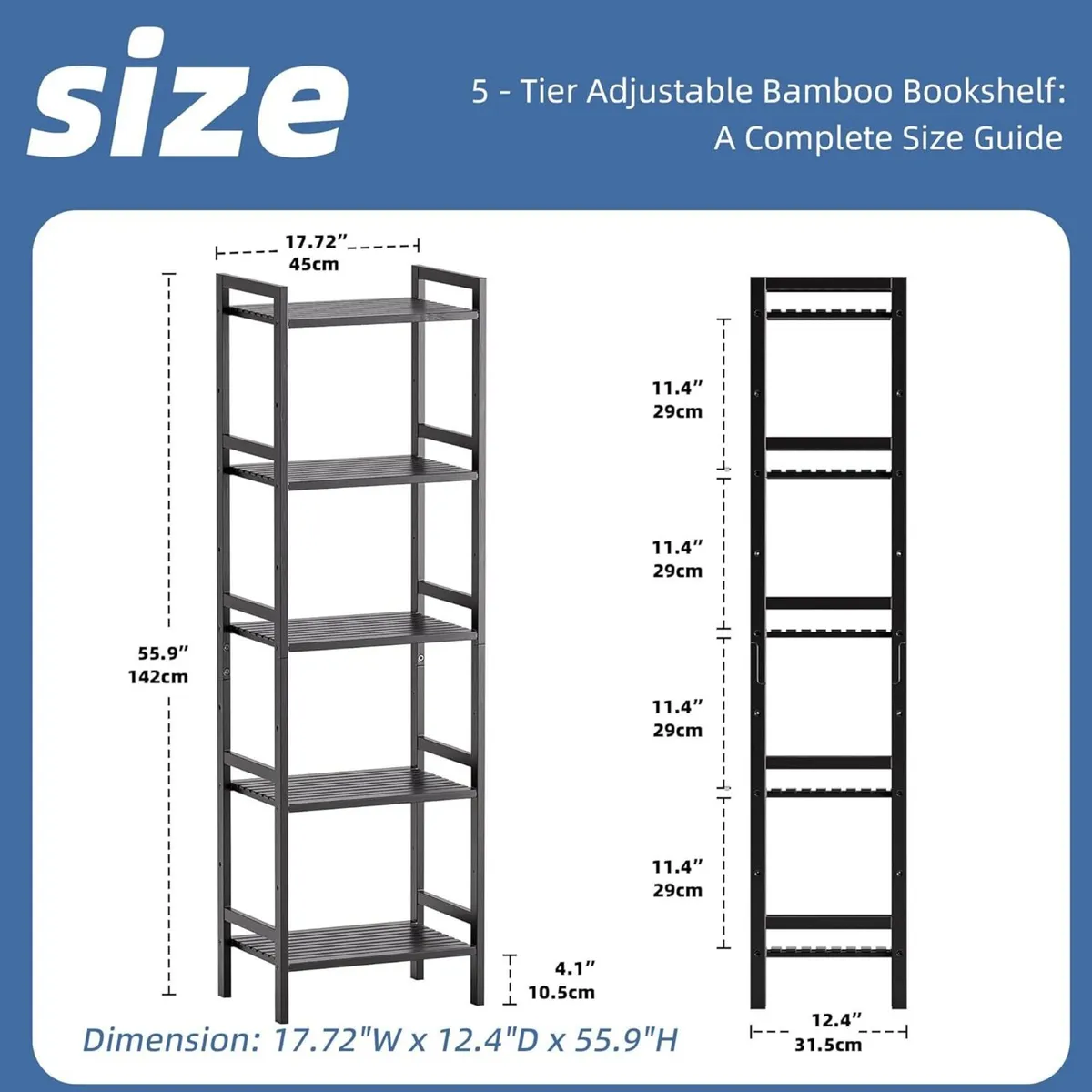 Bamboo Bookshelf 5-Tier Skinny Bookcase with - Image 3