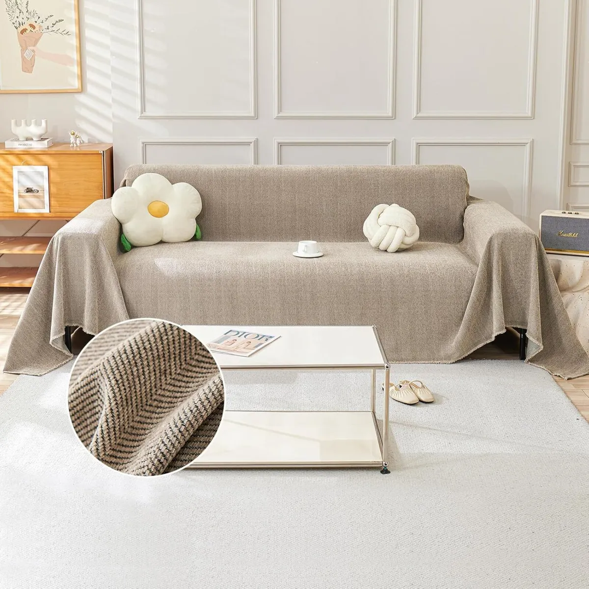 Sofa Cover 3 Seater Herringbone Chenille Corner - Image 1