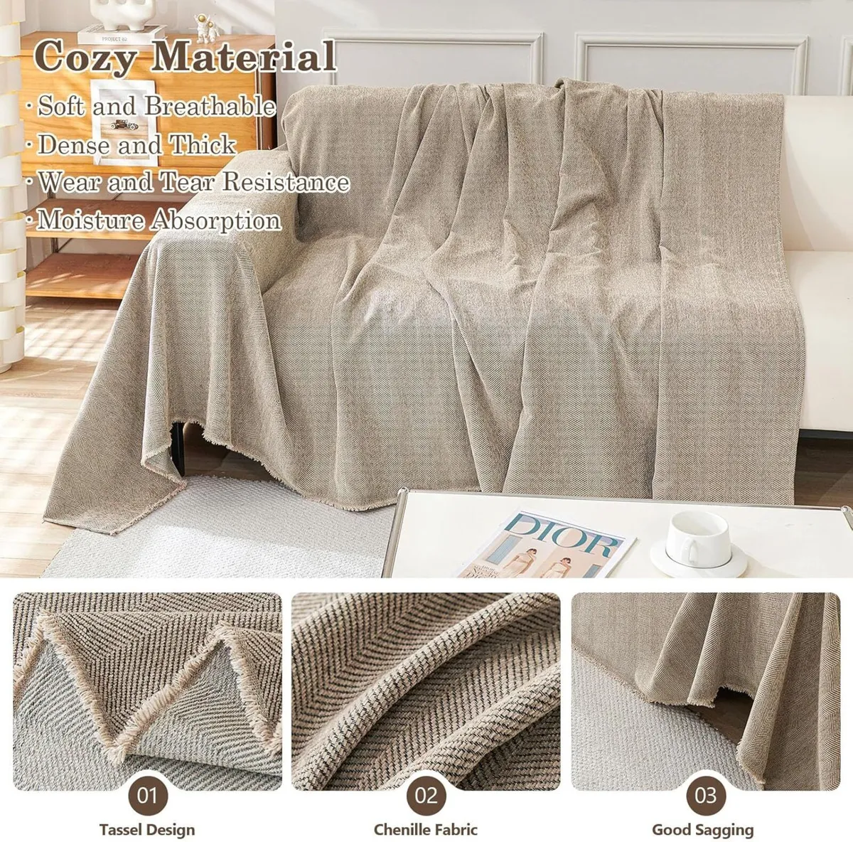 Sofa Cover 3 Seater Herringbone Chenille Corner - Image 3