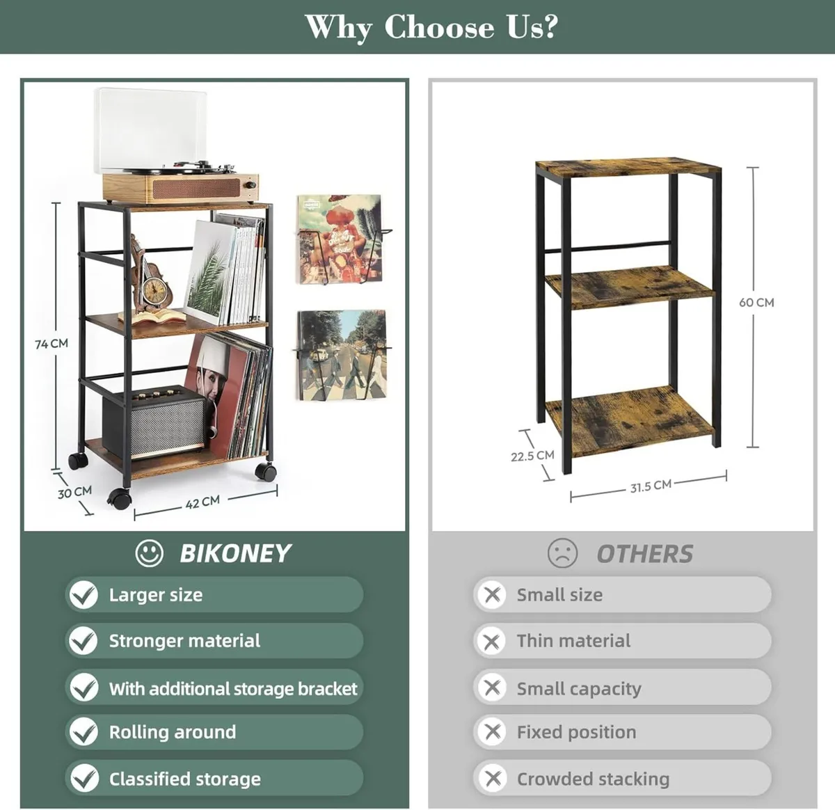 Vinyl Record Storage Rolling Side Table with - Image 2