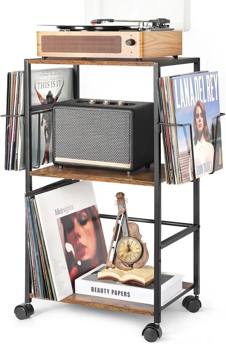 Vinyl Record Storage Rolling Side Table with - Image 1
