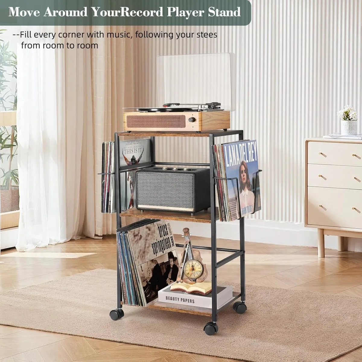 Vinyl Record Storage Rolling Side Table with - Image 4