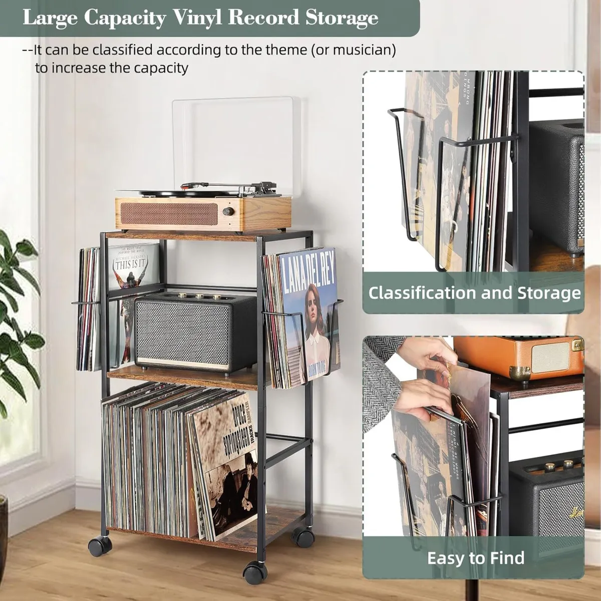 Vinyl Record Storage Rolling Side Table with - Image 3