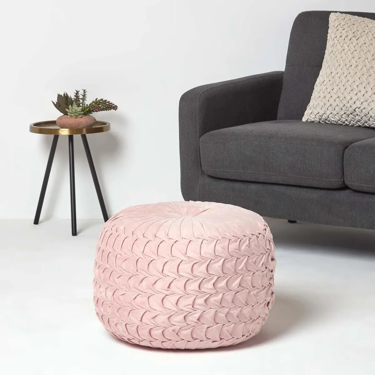 Dusky Pink Velvet Pouffe 50 cm Wide Round Pleated - Image 2