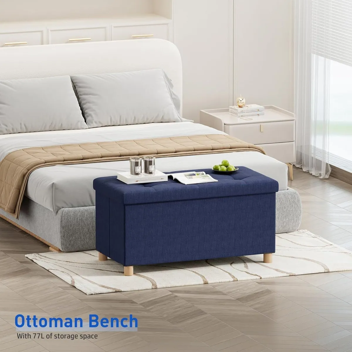 Ottoman Storage Box with 4 Wood Legs Linen for - Image 2