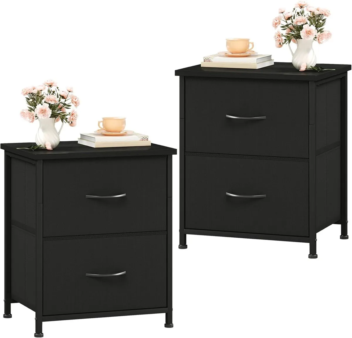 Black Bedside Table Set of 2 Bedroom Cabinet with - Image 1
