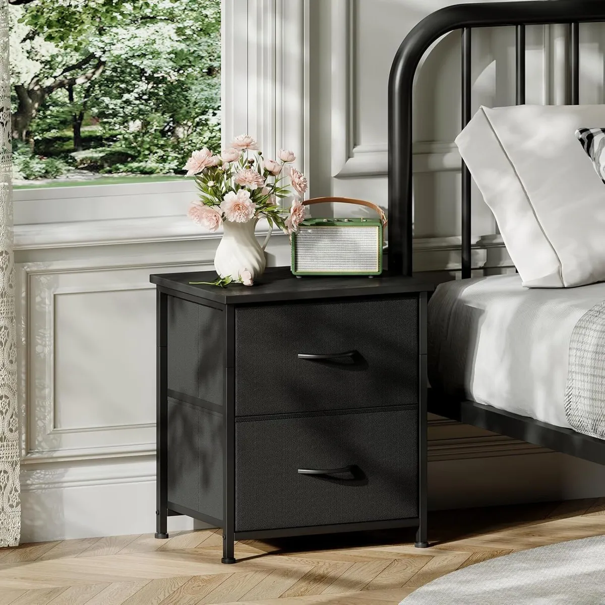 Black Bedside Table Set of 2 Bedroom Cabinet with - Image 2