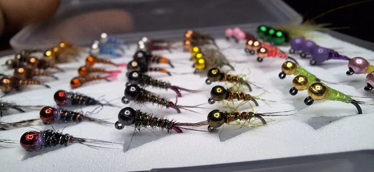 Flies, box of nymphs, fly fishing, fly rod, reel - Image 1