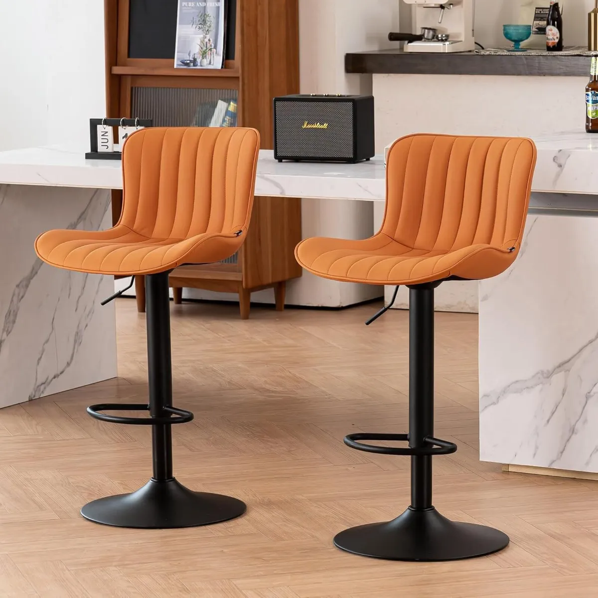 Bar Stools Set of 2 Swivel Barstools Faux Leather - Image 1