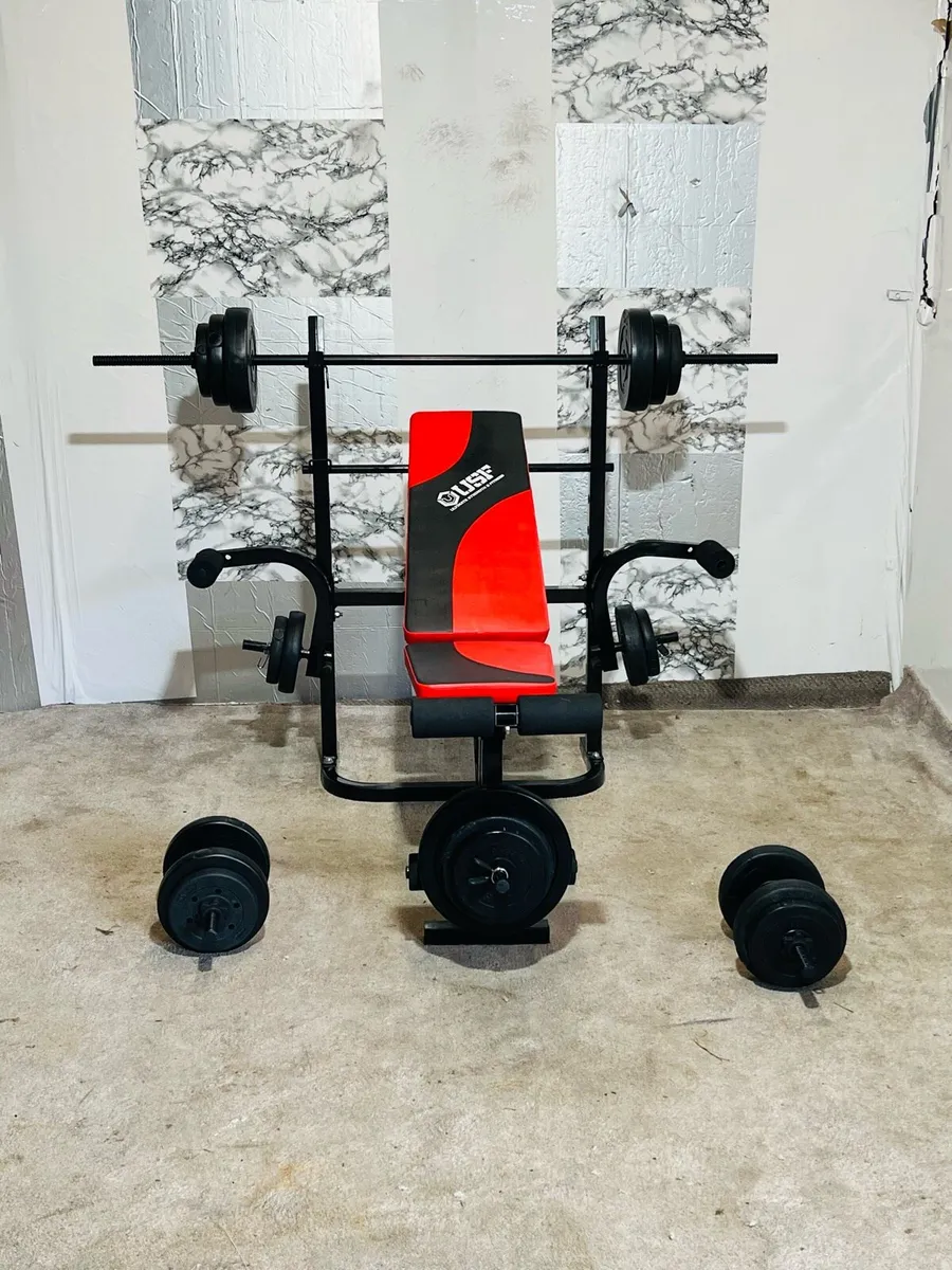 USF WEIGHT BENCH 60 KG WEIGHTS BARBELL DUMBBELLS - Image 1