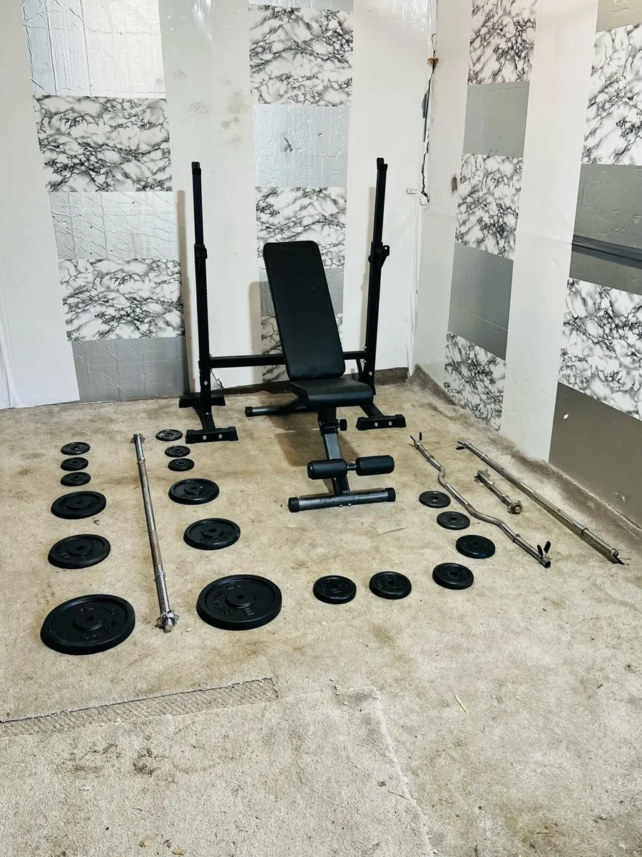 WORKOUT SET WEIGHTS BARBELL RACK BENCH DUMBBELLS - Image 2