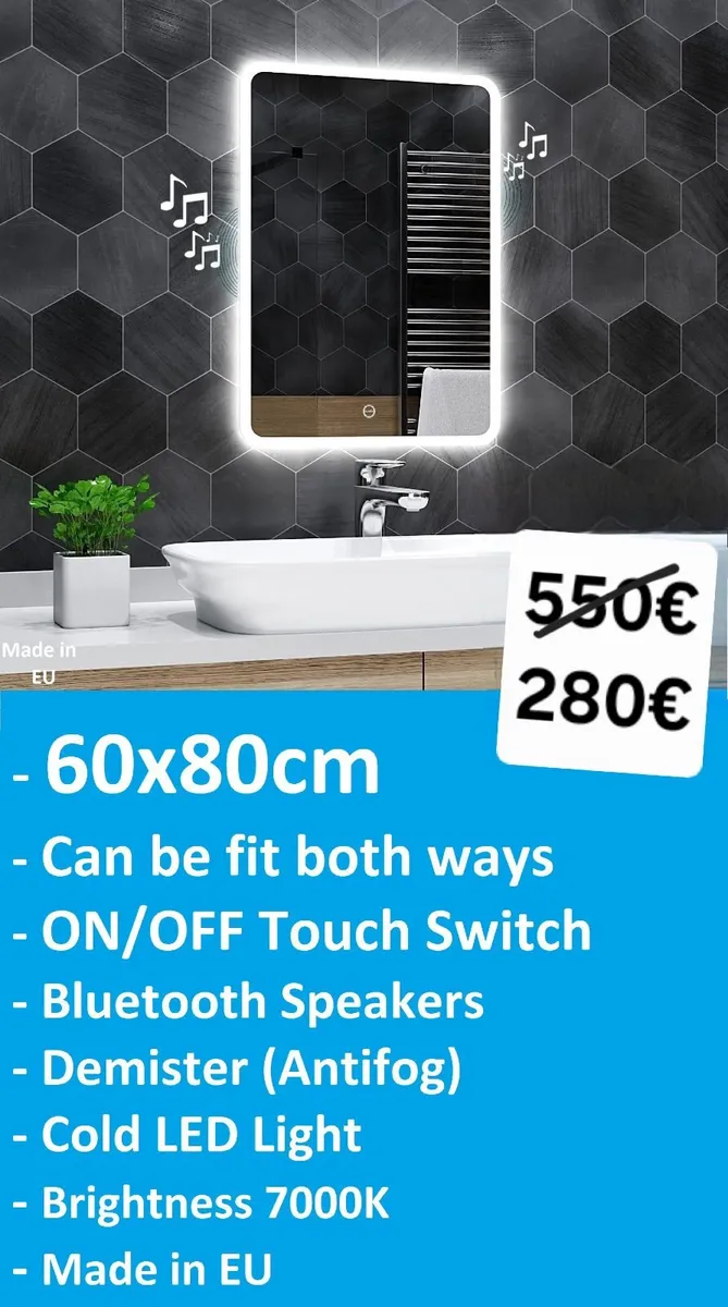 LED Bathroom Mirror Fog Free Bluetooth Music - Image 1