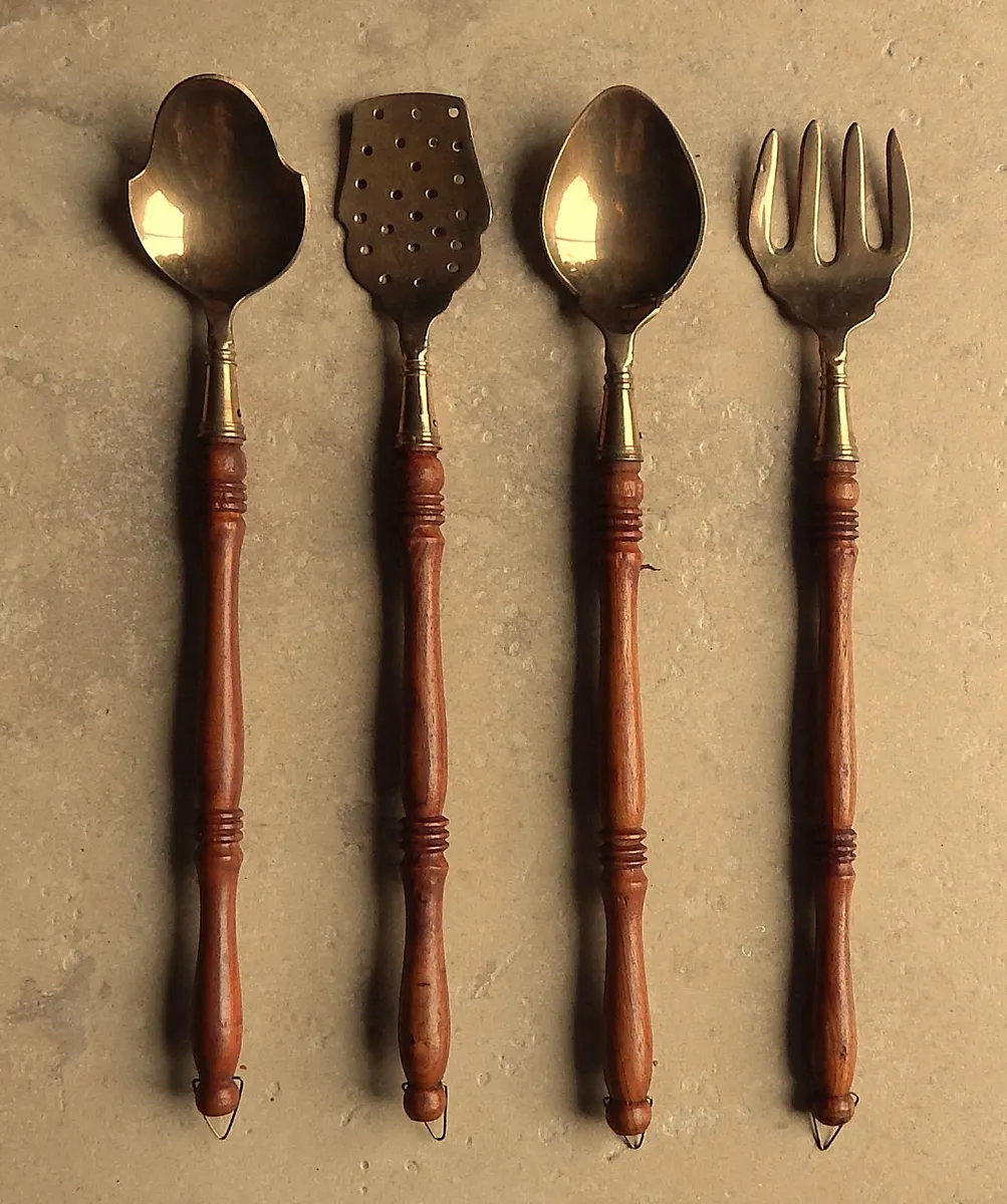 Set of Brass and Wood Hanging Kitchen Utensils - Image 1