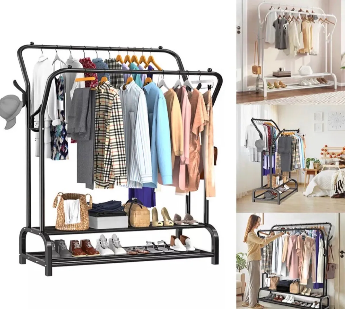 Metal Double Rail Clothes Rack & Shelves - Image 1
