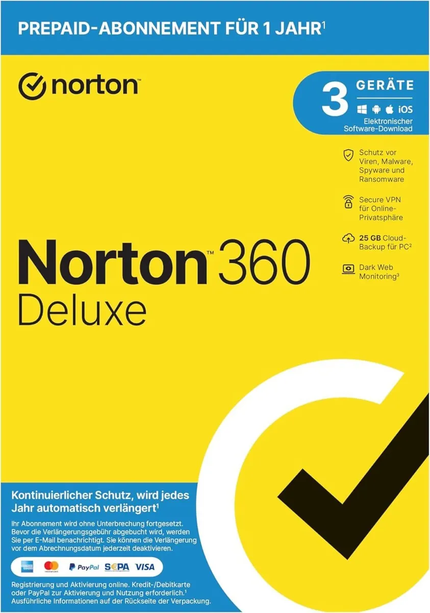 Norton 360 Deluxe 1 Year 3 Devices 25GB Cloud - Image 1